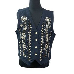 VTG Erika Co Floral Embroidered Vest M Tie Back & Buttons Cottage Core Granny